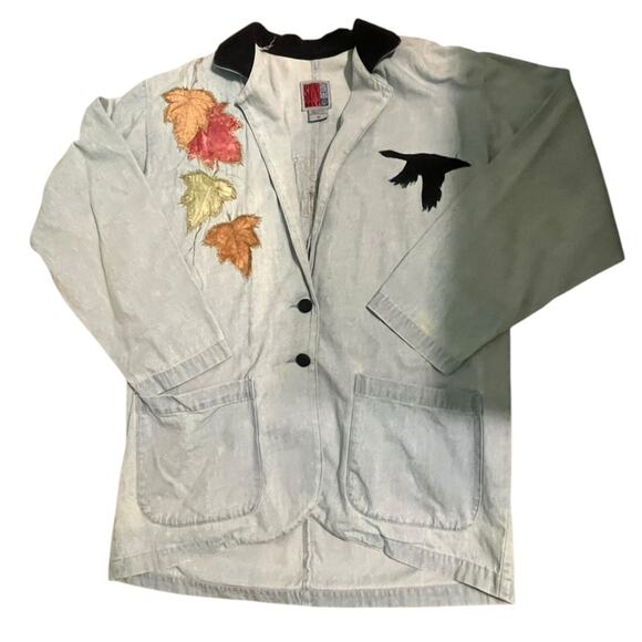 Vtg Denim Bird Leaf Applique Corduroy Collar Jacket Womens Sz M Oversized Boho - Picture 3 of 10